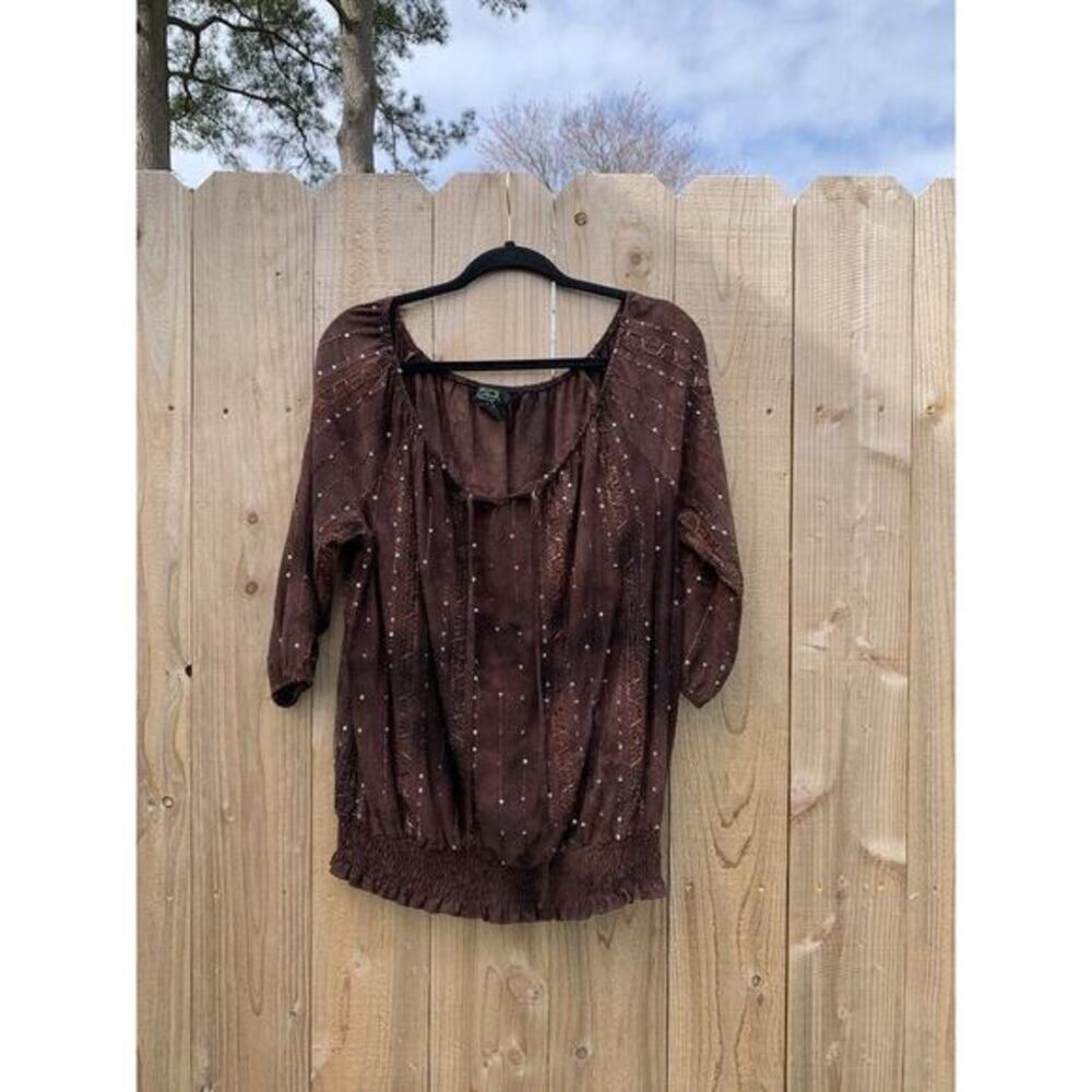Shannon Ford New York Stretch Top‎ T-Shirt Sequined Size Large Brown Waterfall